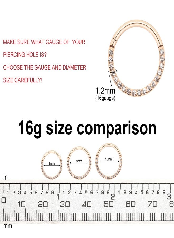 BLISI G23 Titanium Septum Clicker 16G Rose Gold Hinged Nose Segment Ring Hoop 8mm Cubic Zirconia Cartilage Earrings Conch Daith Helix Rook Tragus Ear Body Piercing Jewelry - Image 3